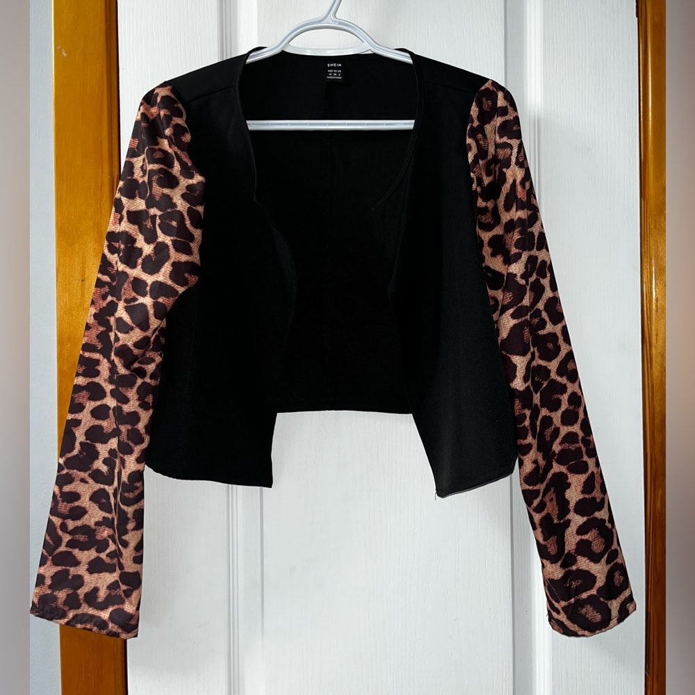 Black Jacket with Leopard Print Sleeves